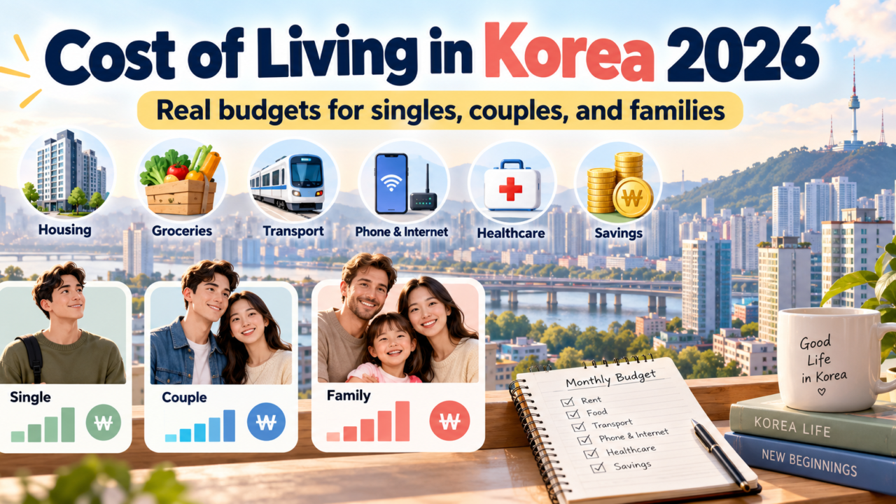 Cost of living in Korea 2026 guide showing housing, groceries, transport, phone and internet, healthcare, savings, and budgets for singles, couples, and families