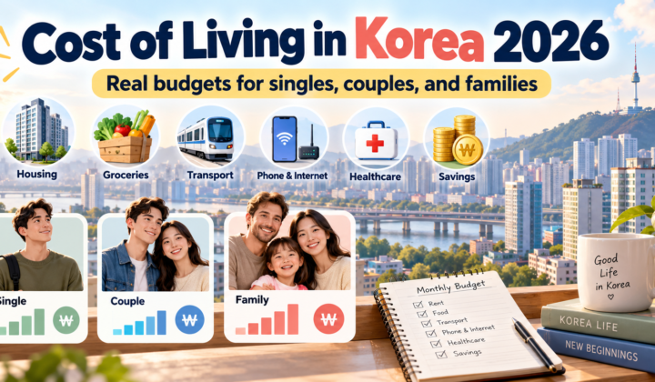 Cost of living in Korea 2026 guide showing housing, groceries, transport, phone and internet, healthcare, savings, and budgets for singles, couples, and families