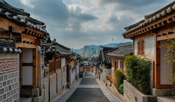 A lively Korean street showing the everyday atmosphere of life in Seoul