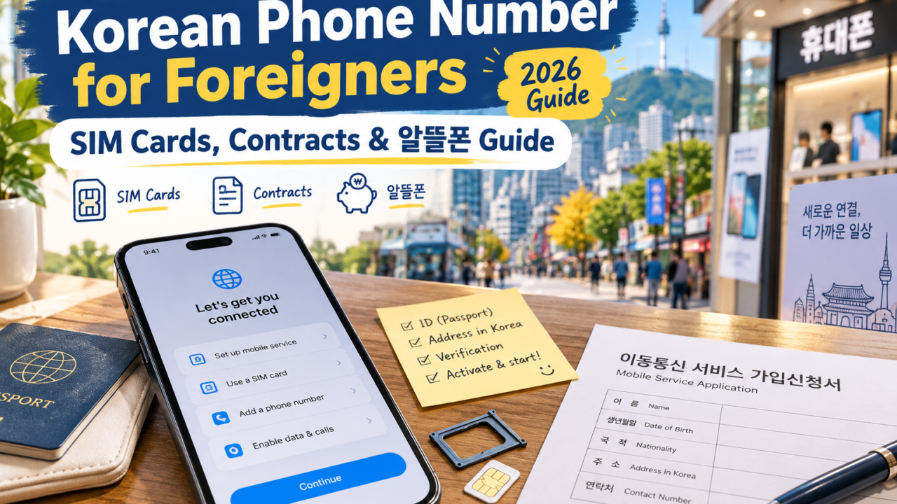 Korean phone number guide for foreigners showing a smartphone, SIM card, passport and Korean mobile service application