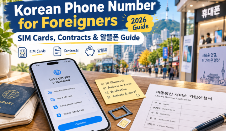 Korean phone number guide for foreigners showing a smartphone, SIM card, passport and Korean mobile service application