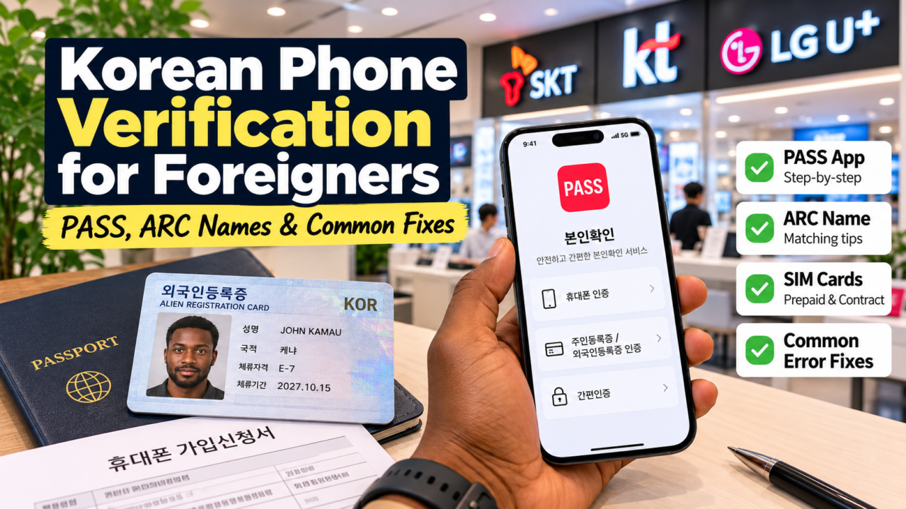Korean phone verification guide for foreigners showing the PASS app, ARC name matching, SIM cards and common verification fixes