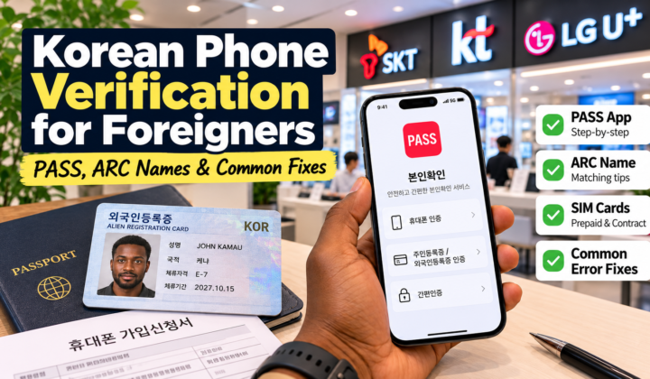 Korean phone verification guide for foreigners showing the PASS app, ARC name matching, SIM cards and common verification fixes