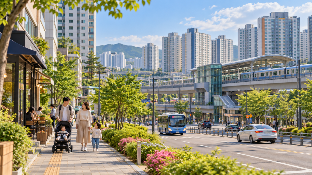 Family walking through a modern residential neighborhood outside Seoul with apartments, local transit and everyday city life