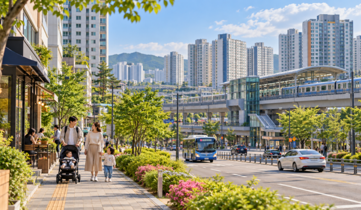 Family walking through a modern residential neighborhood outside Seoul with apartments, local transit and everyday city life