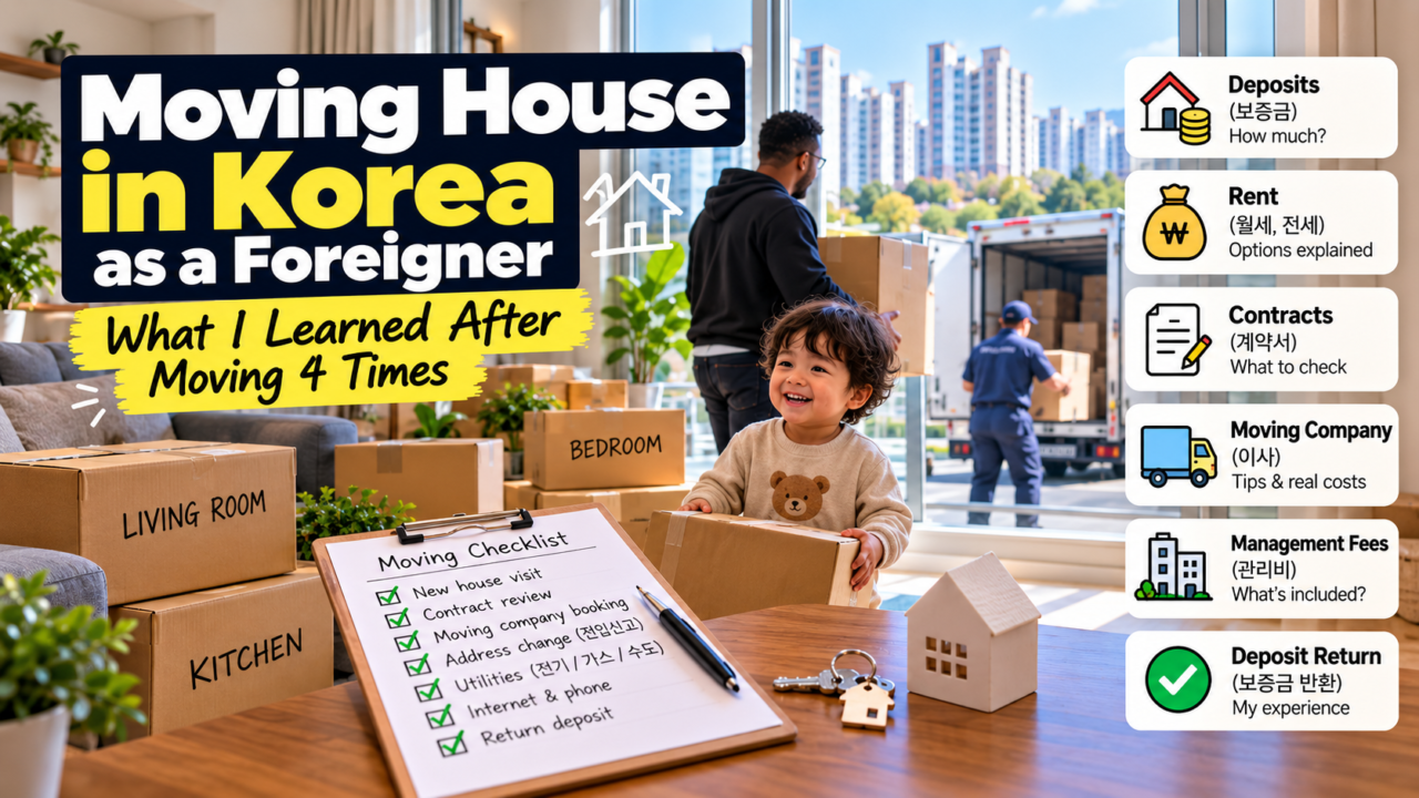 Moving house in Korea as a foreigner with moving boxes, movers, apartment buildings, a moving checklist and housing tips