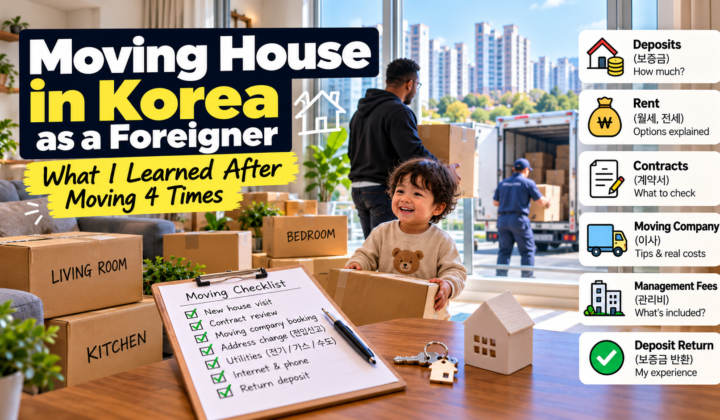 Moving house in Korea as a foreigner with moving boxes, movers, apartment buildings, a moving checklist and housing tips
