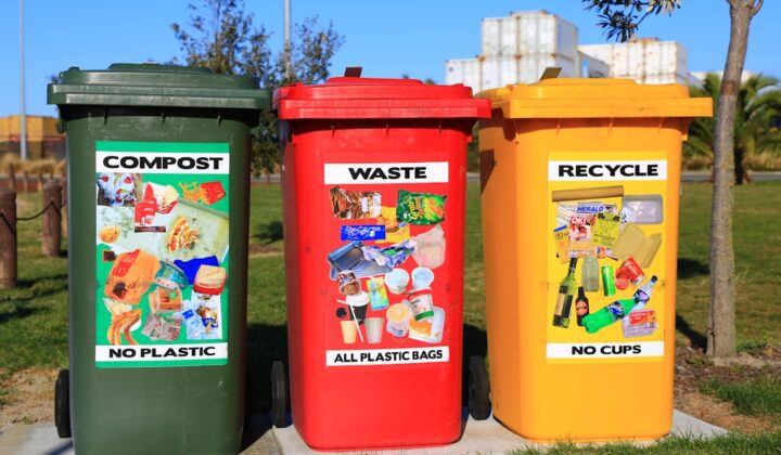 Separate recycling bins representing sorting of household waste and recyclables in Korea