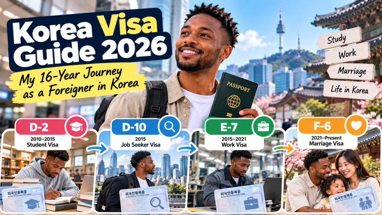 Korea Visa Guide 2026 showing a foreigner's 16-year journey from D-2 student visa through D-10 job seeker and E-7 work visa to F-6 marriage visa